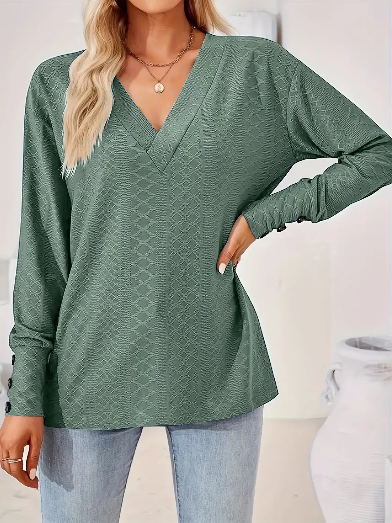 Plus Size V-Neck Textured Long Sleeve T-Shirt OutfitFlow