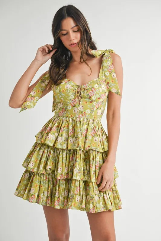 MABLE Floral Print Shoulder Tie Layered Mini Dress OutfitFlow