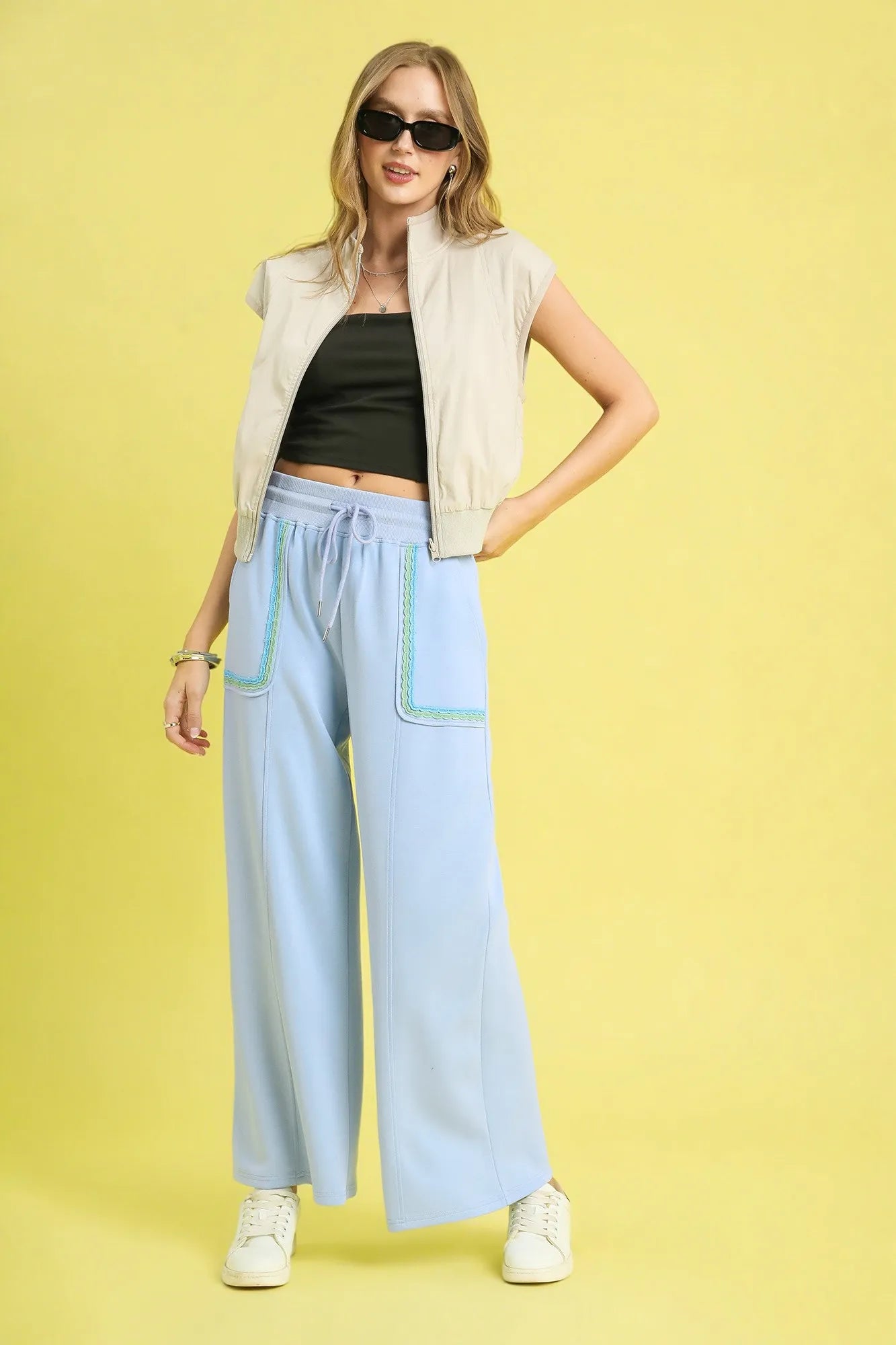 Umgee Drawstring Wide Leg Pants with Scallop Trim Detail OutfitFlow