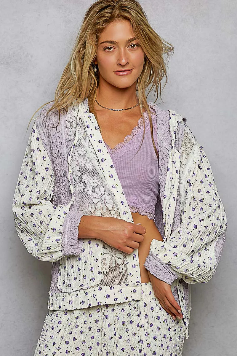POL Floral Balloon Sleeve Hooded Lace Jacket with Stitch Detail OutfitFlow