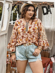 Plus Size Floral Lace Detail V-Neck Blouse Floral OutfitFlow