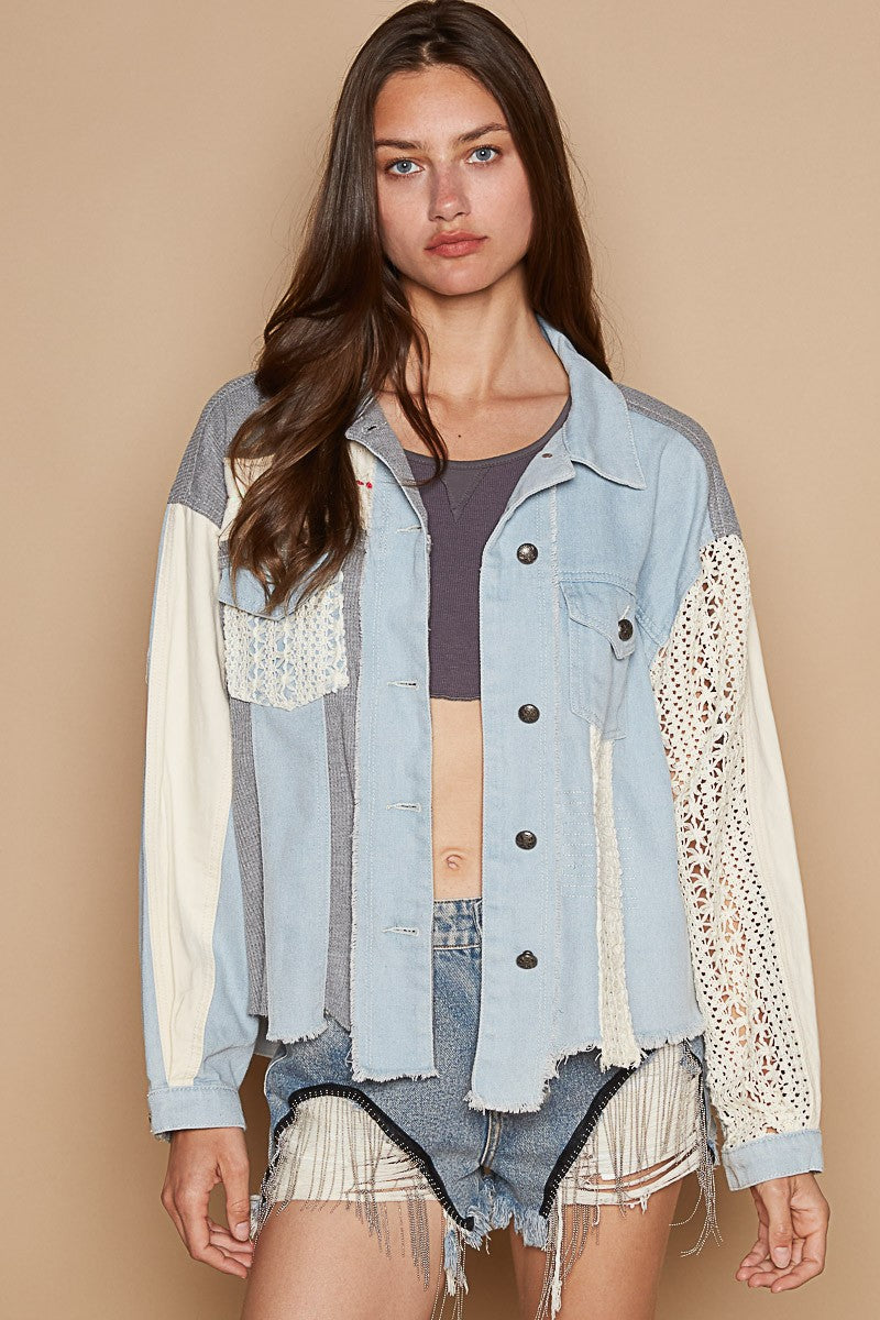 Outfit Flow - POL Raw Hem Crochet Embroidery Jacket with Chest Pockets