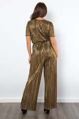 Outfit Flow - Be Stage Surplice Short Sleeve Pleated Foil Jumpsuit