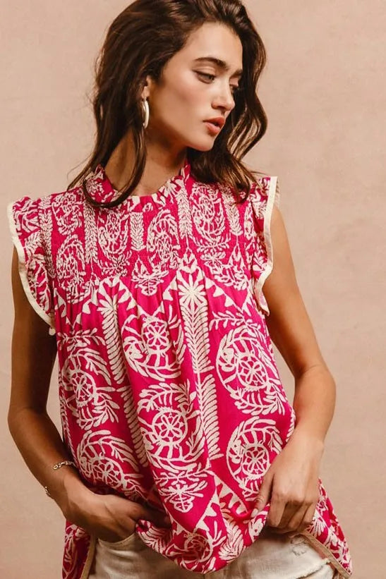 BiBi Printed Ruffle Sleeve Top OutfitFlow