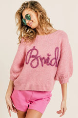 BiBi Metallic Letter Short Puff Sleeve Hairy Sweater PINK OutfitFlow