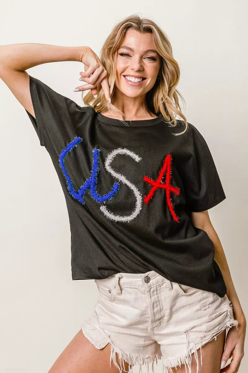 BiBi Metallic Letter Short Dolman Sleeve Top OutfitFlow