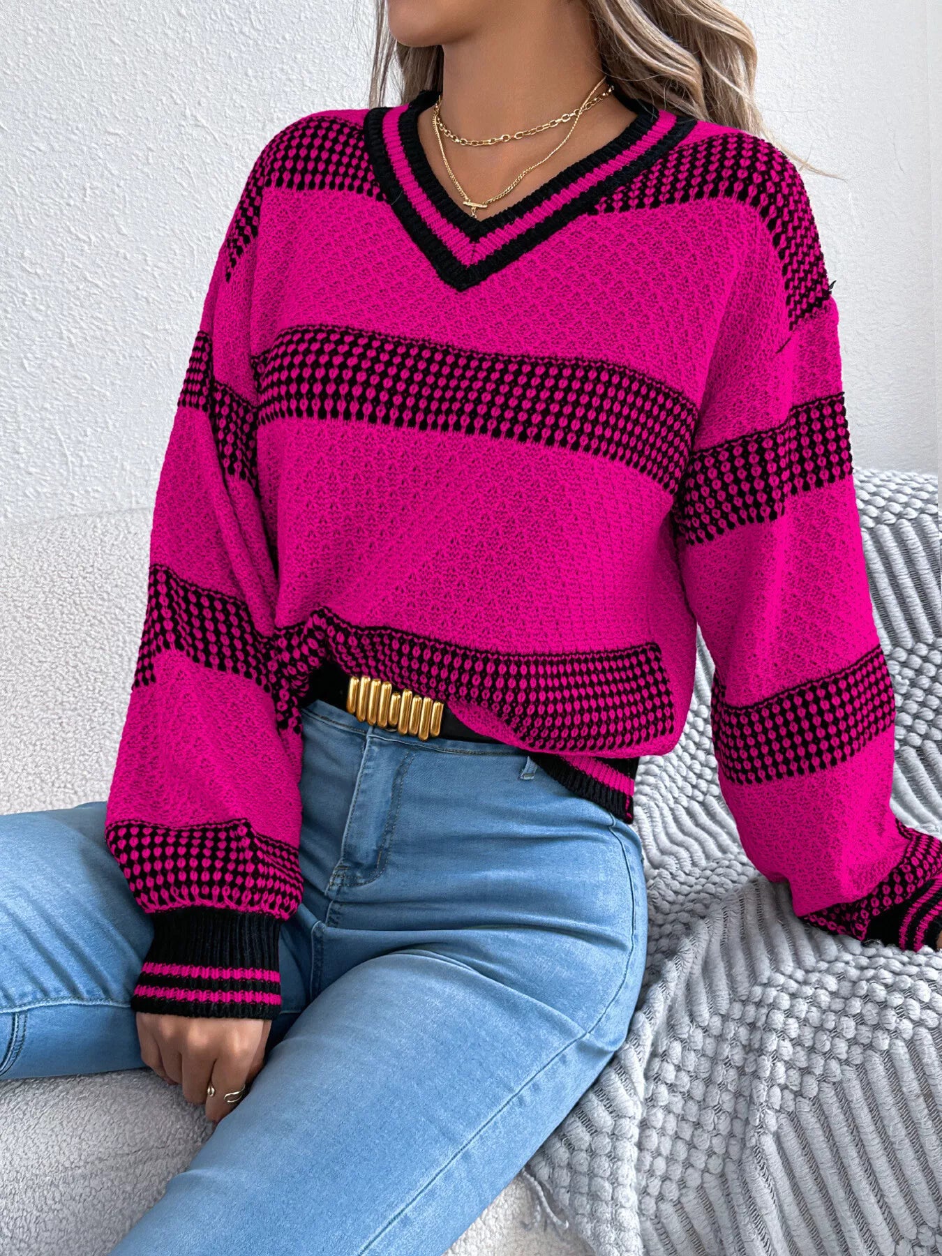 Contrast Striped V-Neck Sweater Rose Red OutfitFlow