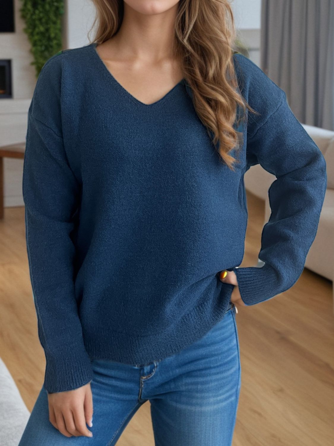 Outfit Flow - V-Neck Dropped Shoulder Long Sleeve Sweater