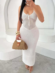 Openwork Halter Neck Sweater Maxi Dress White OutfitFlow