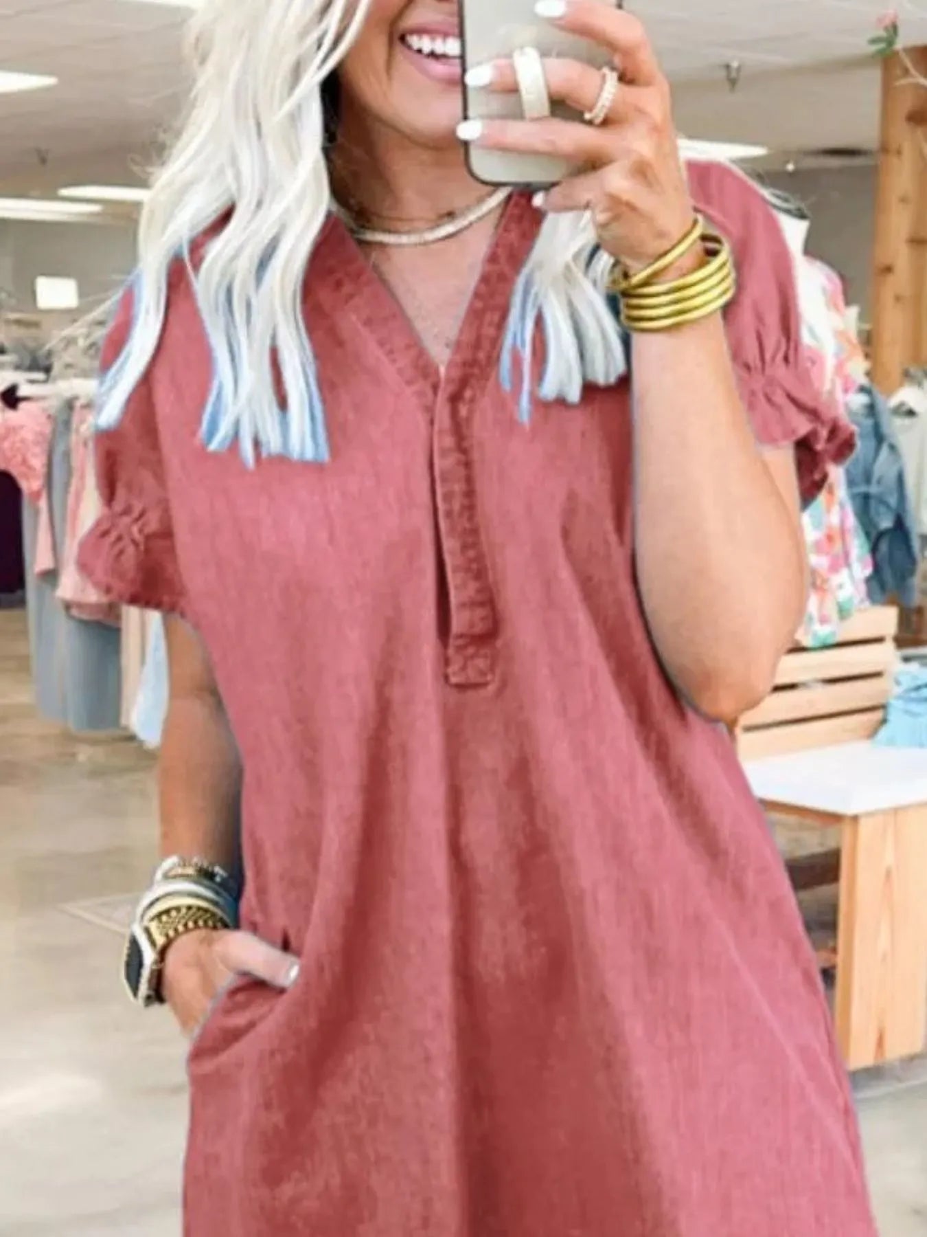 Full Size V-Neck Short Sleeve Denim Dress Plus Size OutfitFlow
