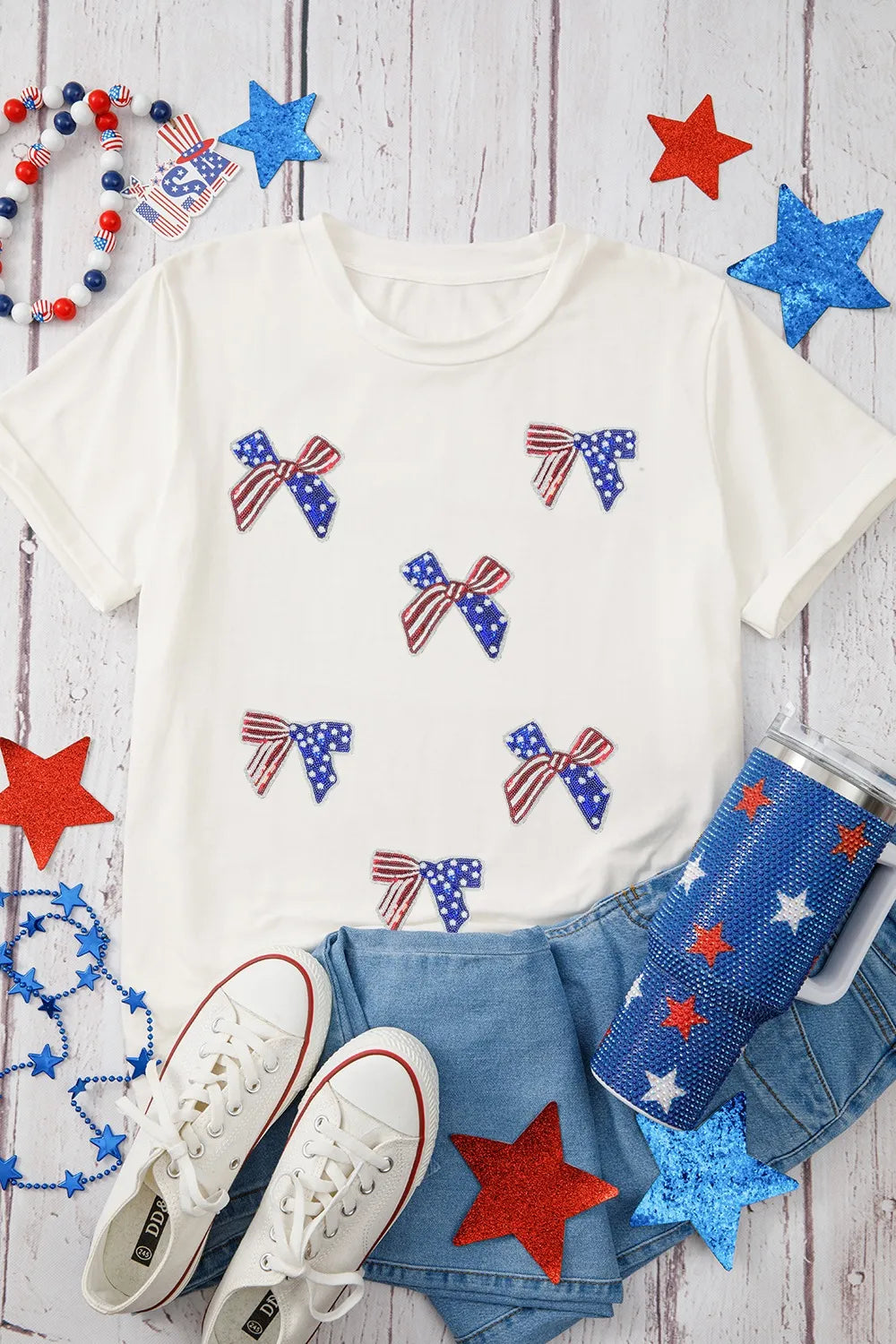 Sequin Flag Bow Pattern Crew Neck Patriotic Tee OutfitFlow