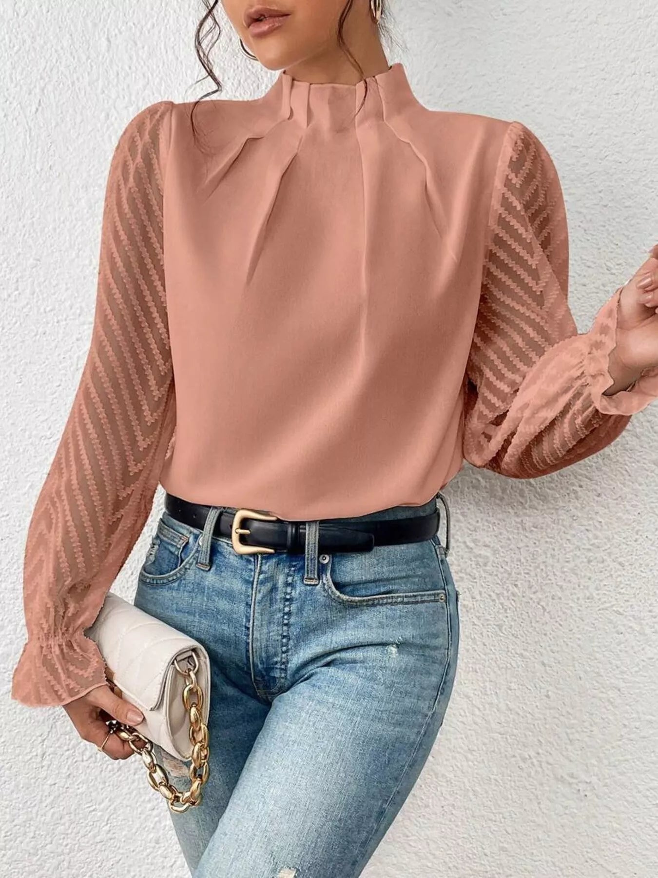 Mock Neck Sheer Lace Sleeve Blouse OutfitFlow