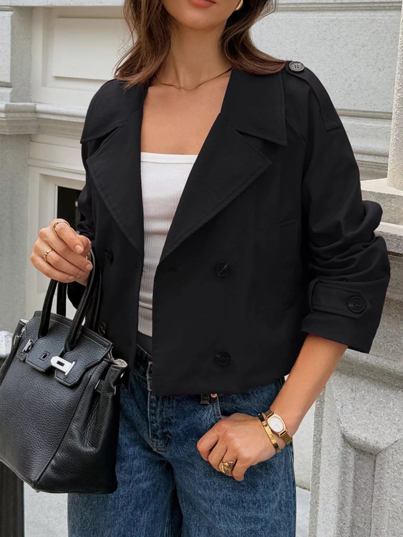 Cropped Double-Breasted Raglan Sleeve Jacket Black Trendsi