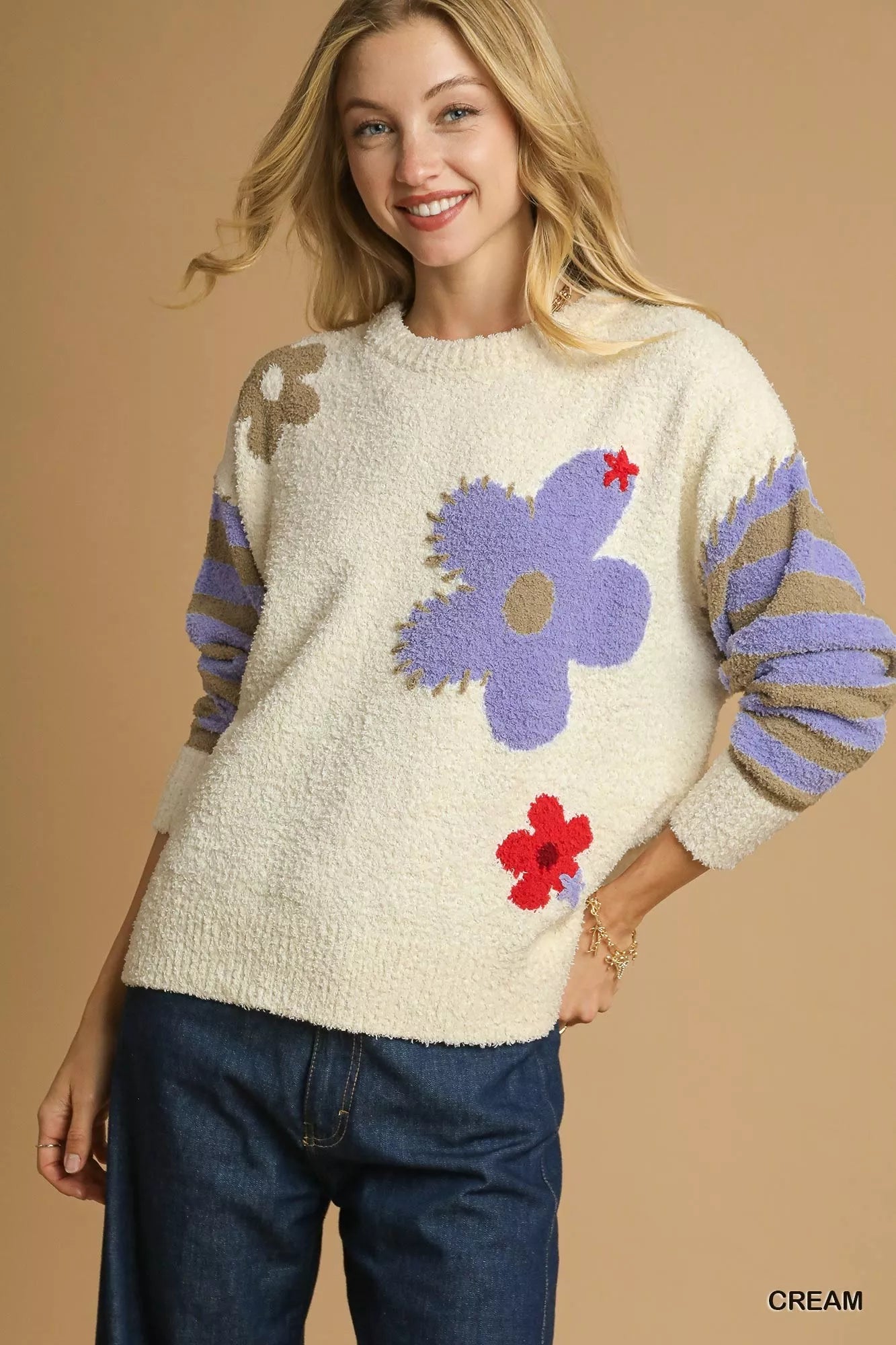 Umgee Flower Jacquard Striped Long Sleeve Sweater OutfitFlow
