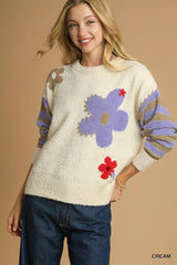 Umgee Flower Jacquard Striped Long Sleeve Sweater OutfitFlow