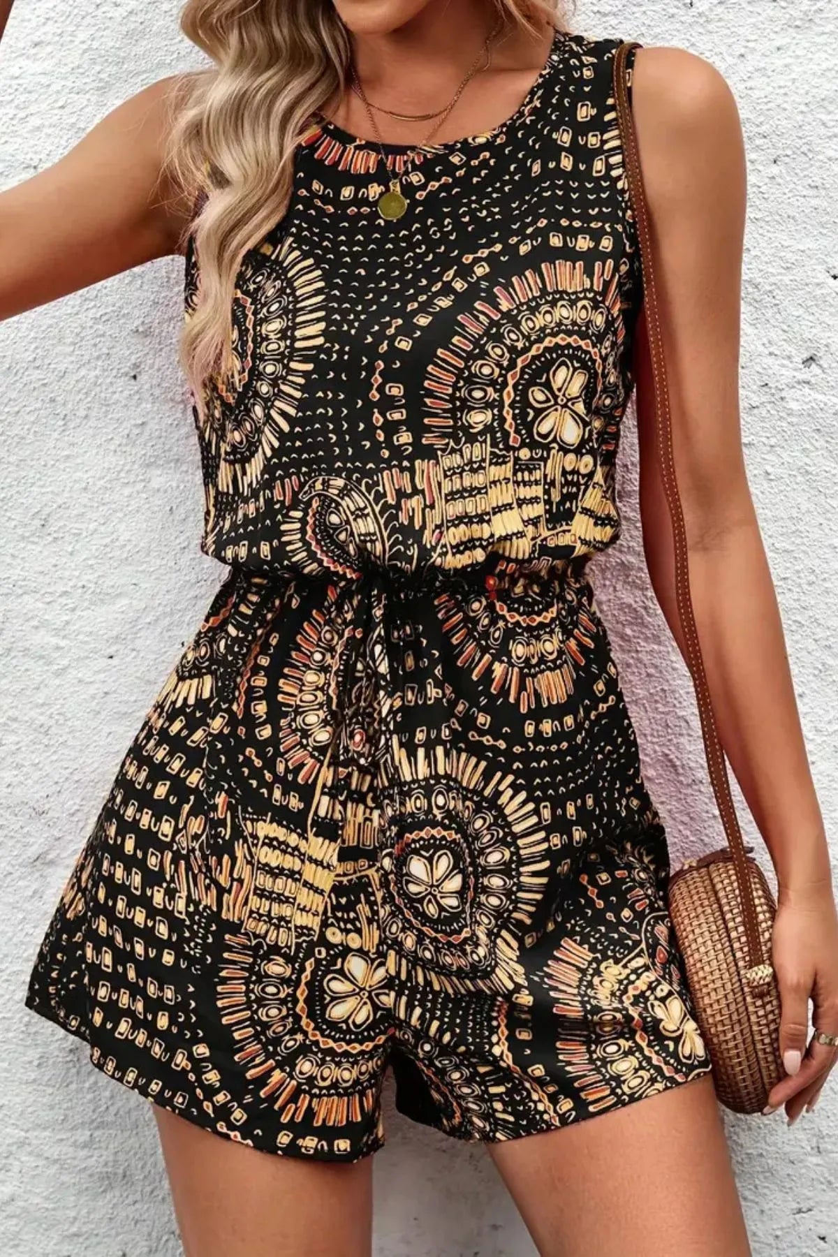 Boho Floral Print Sleeveless Summer Romper Black OutfitFlow