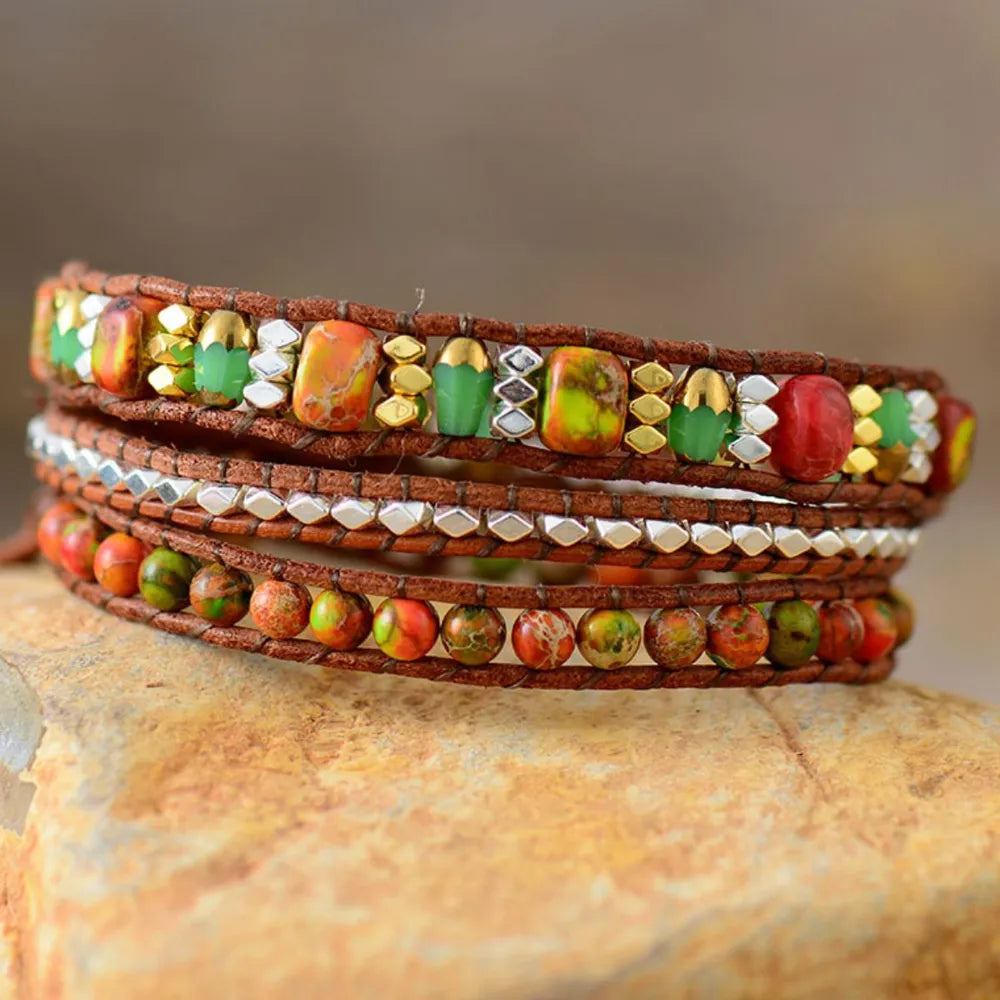 Natural Stone Woven Bracelet Orange One Size OutfitFlow