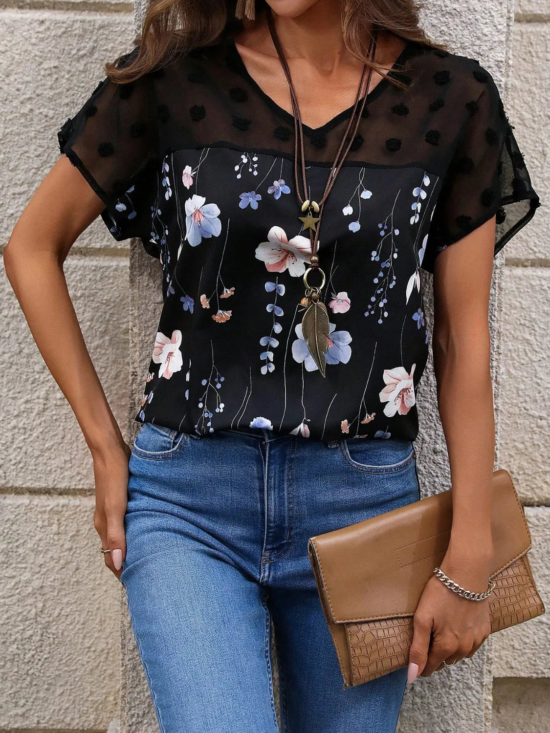 Floral Print V-Neck Flutter Sleeve Casual Top OutfitFlow
