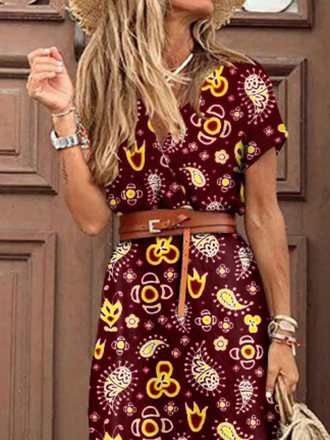 Full Size Printed V-Neck Short Sleeve Maxi Dress Plus Size OutfitFlow