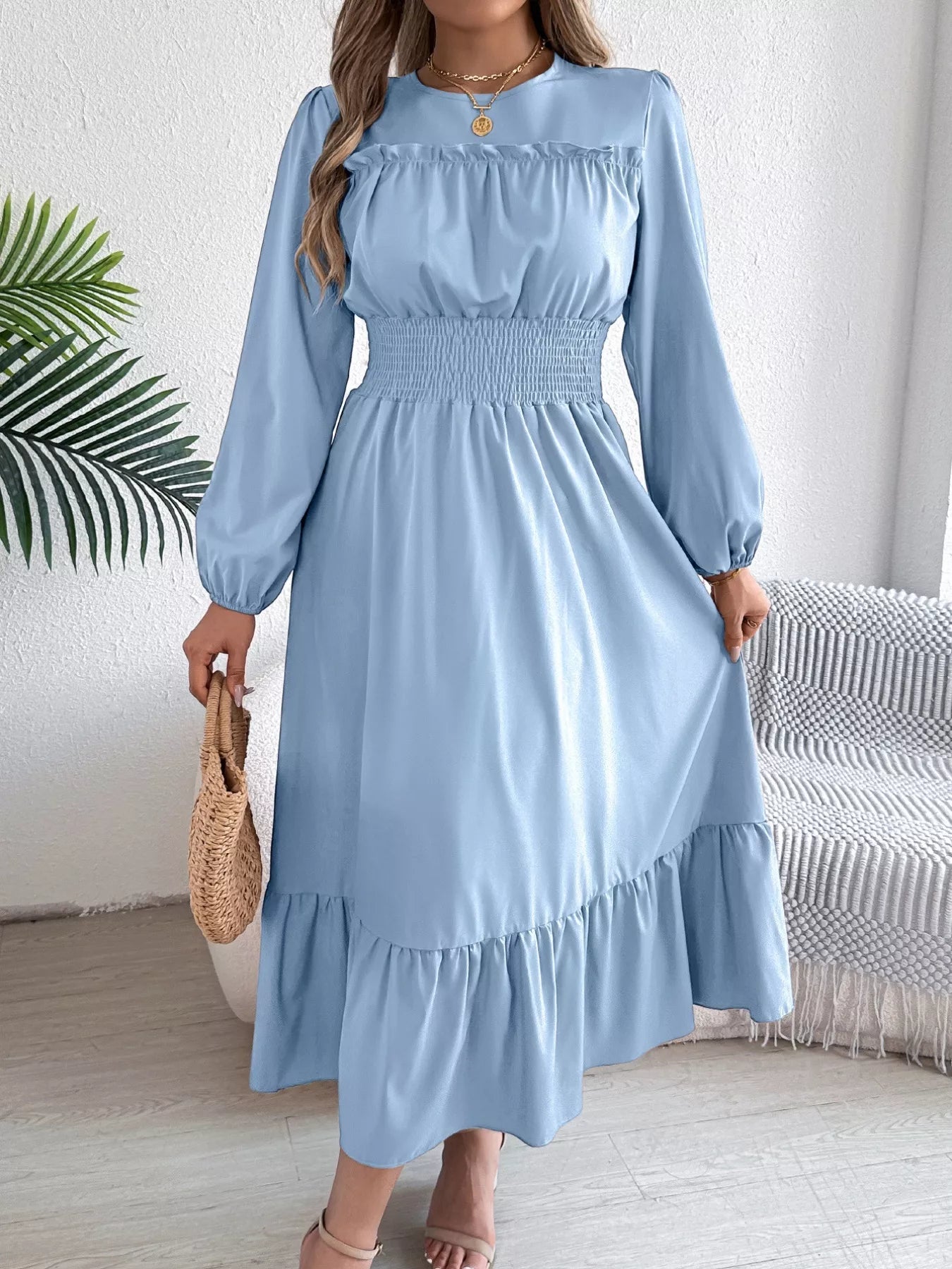 Round Neck Balloon Sleeve Tiered Dress Light Blue OutfitFlow