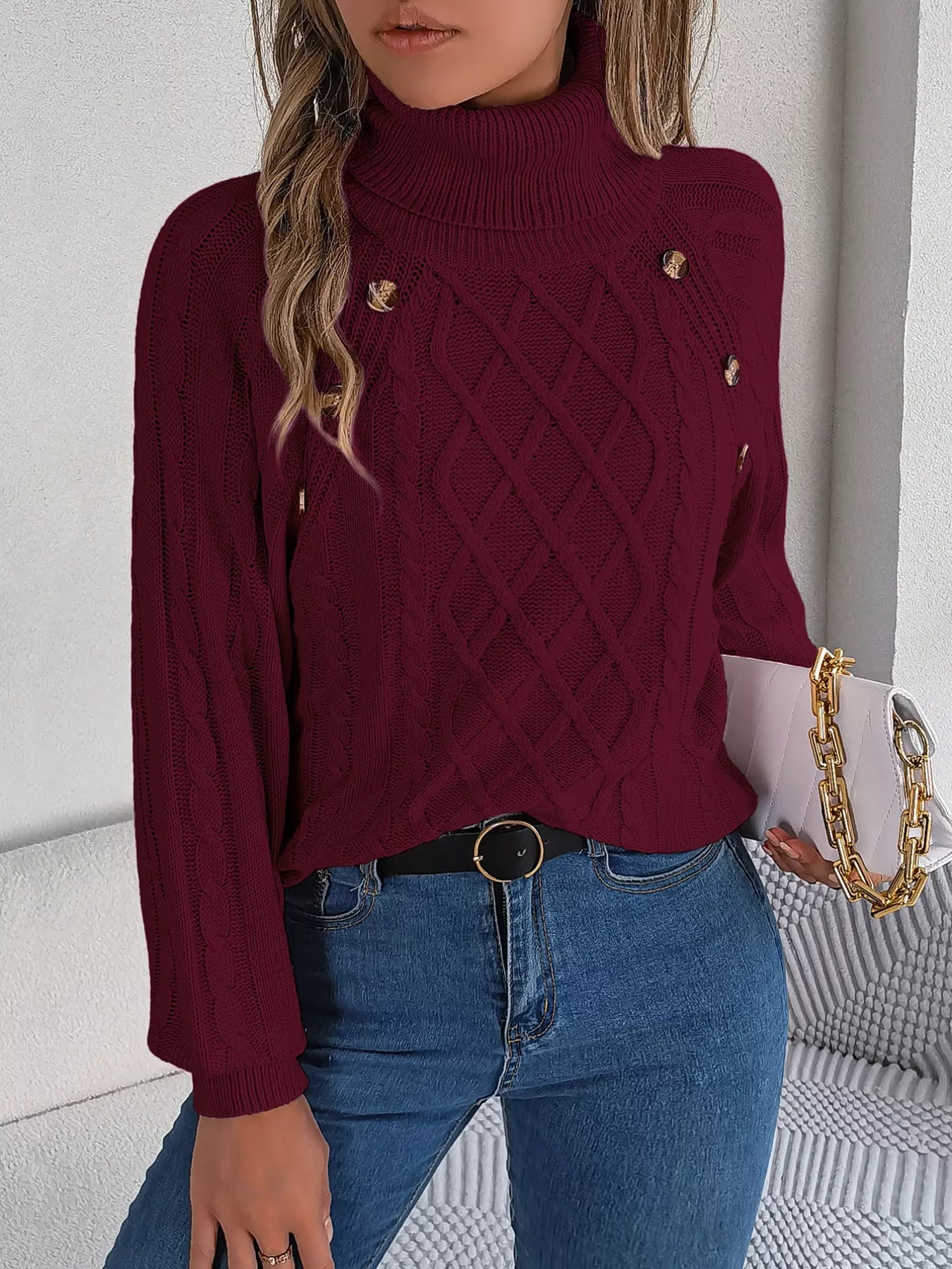 Cable Knit Turtleneck Long Sleeve Sweater OutfitFlow