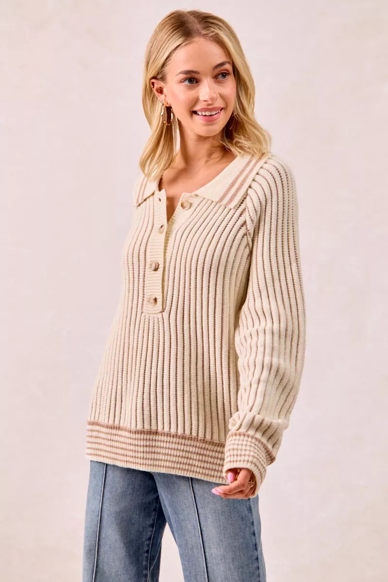 BiBi Half Button Ribbed Two Tone Sweater OutfitFlow