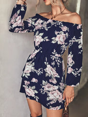 Off-Shoulder Floral Print Long Sleeve Mini Dress OutfitFlow