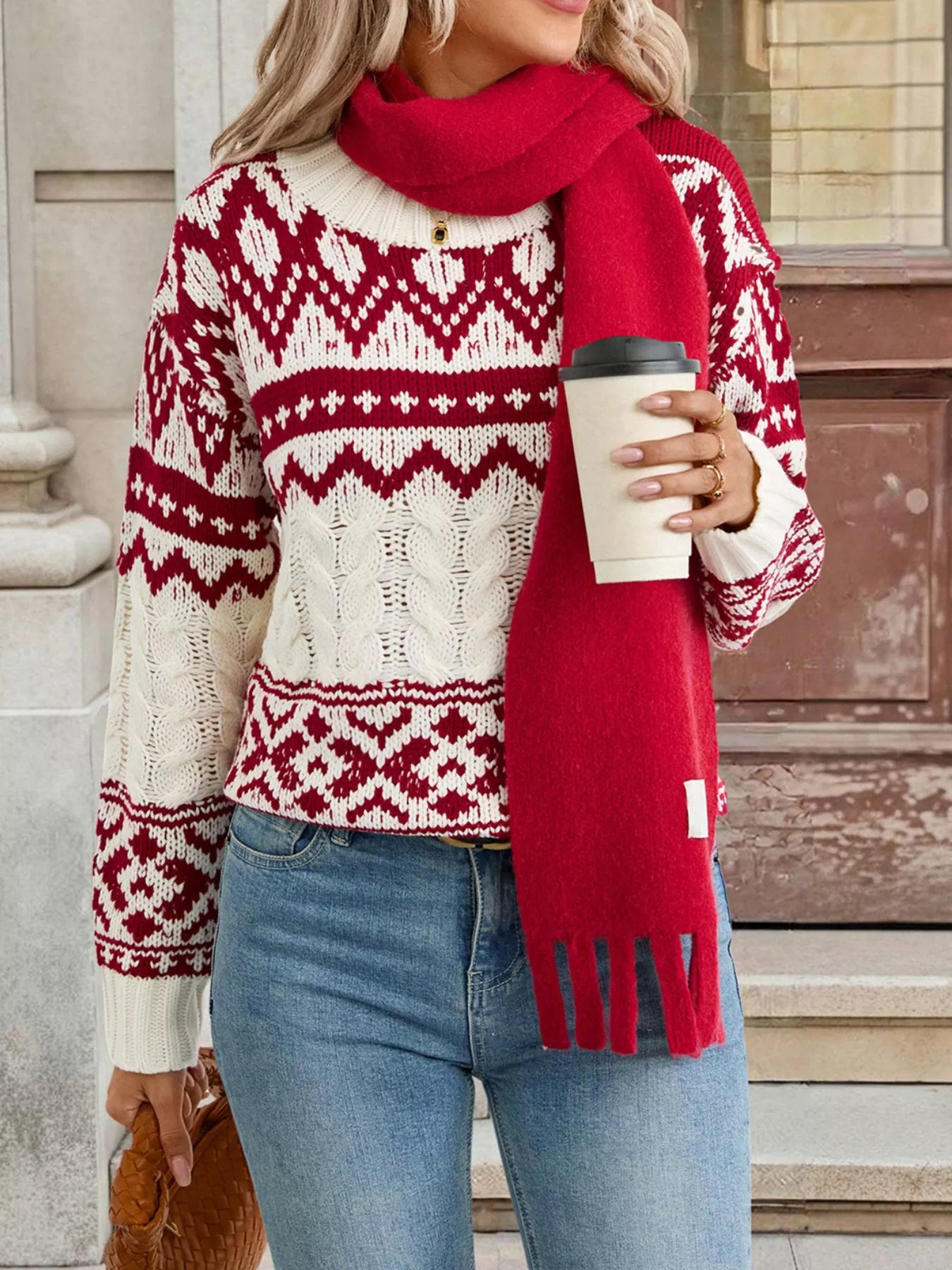 Christmas Cable Knit Long Sleeve Sweater Burgundy OutfitFlow