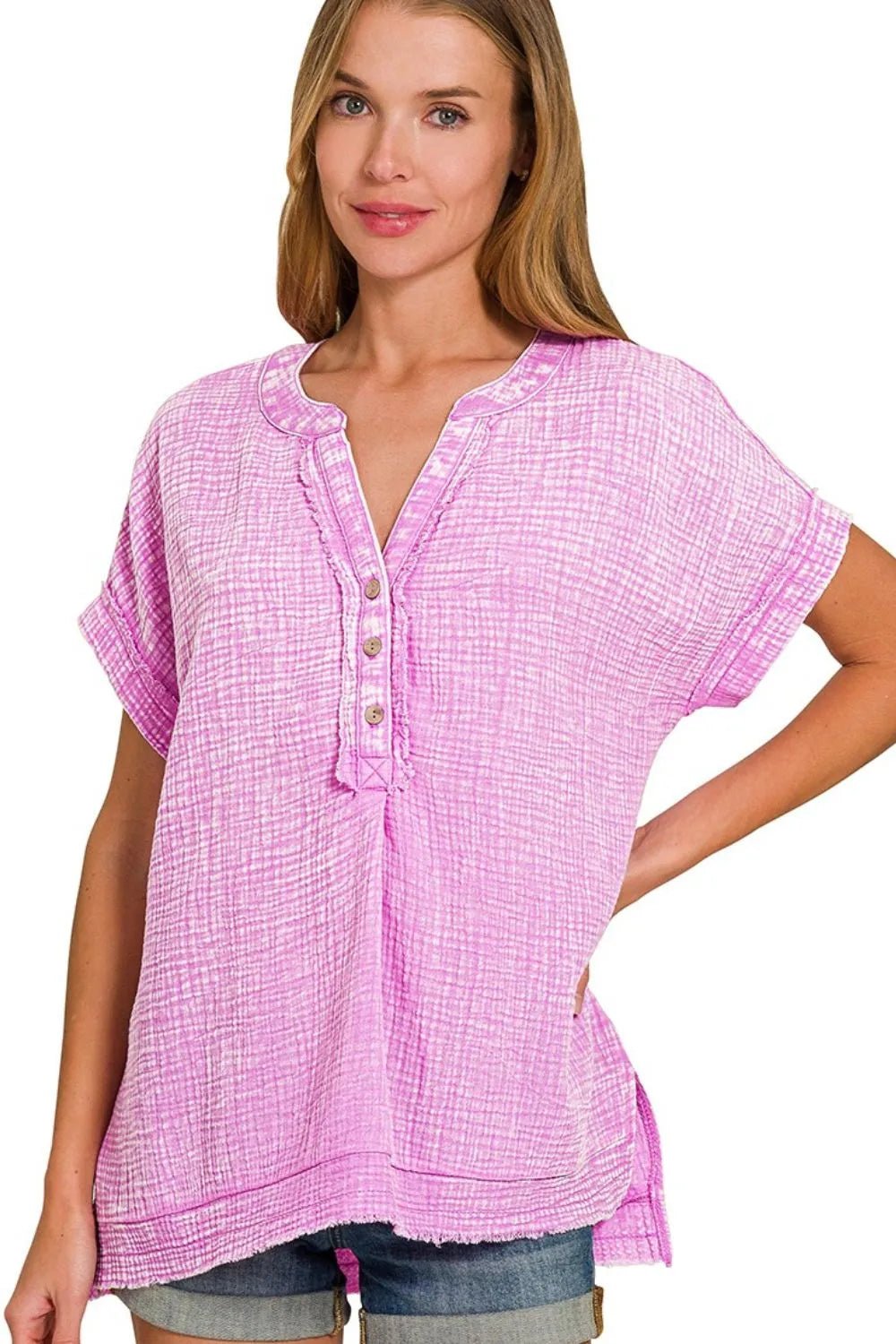 Zenana Washed Double Gauze 3/4 Button Henley Neck Shirt BRIGHT MAUVE OutfitFlow