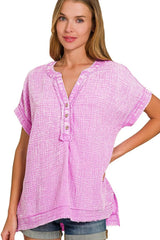 Zenana Washed Double Gauze 3/4 Button Henley Neck Shirt BRIGHT MAUVE OutfitFlow
