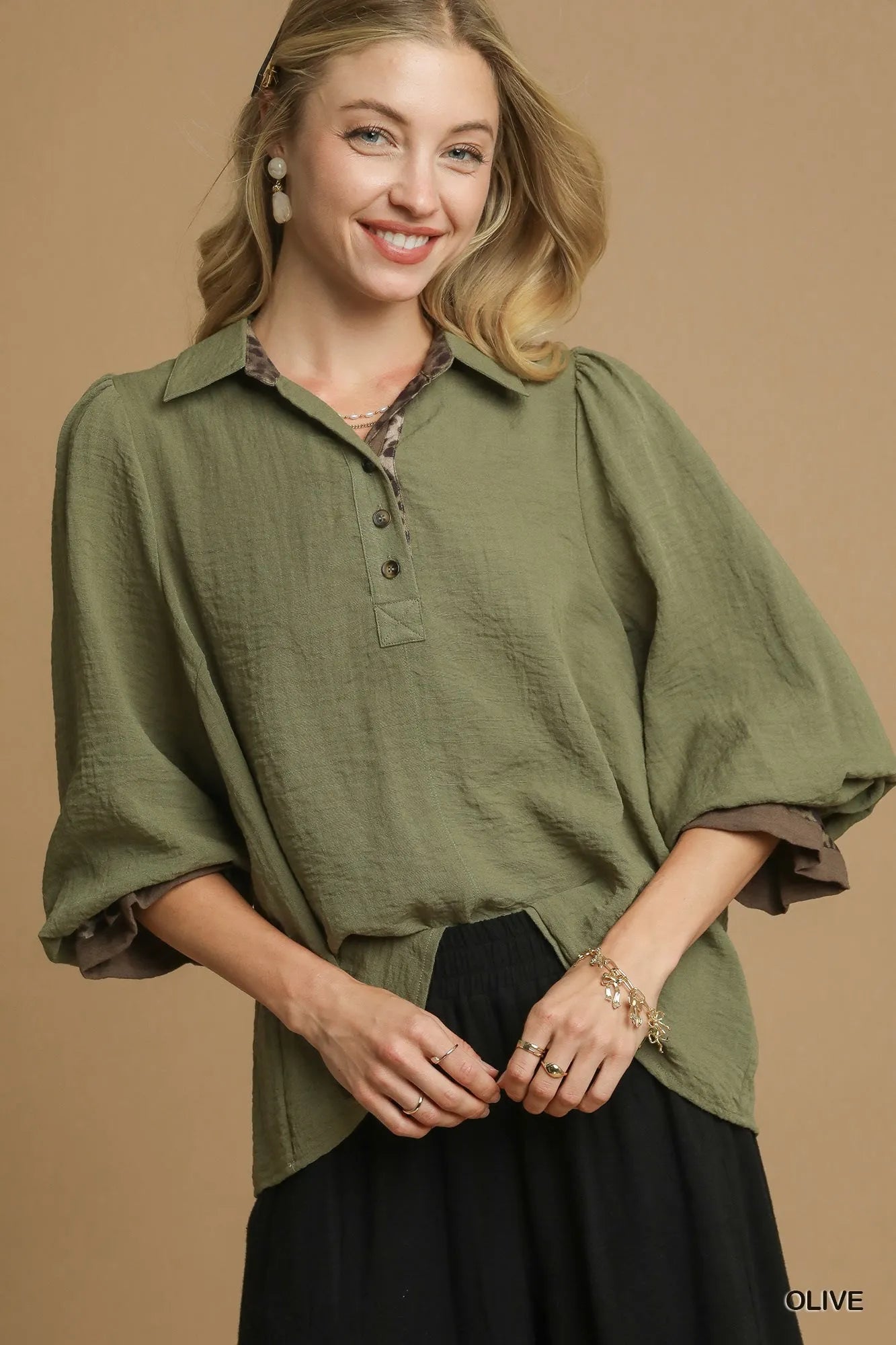 Umgee Half Button Blouse with Leopard Print Trim Olive Trendsi