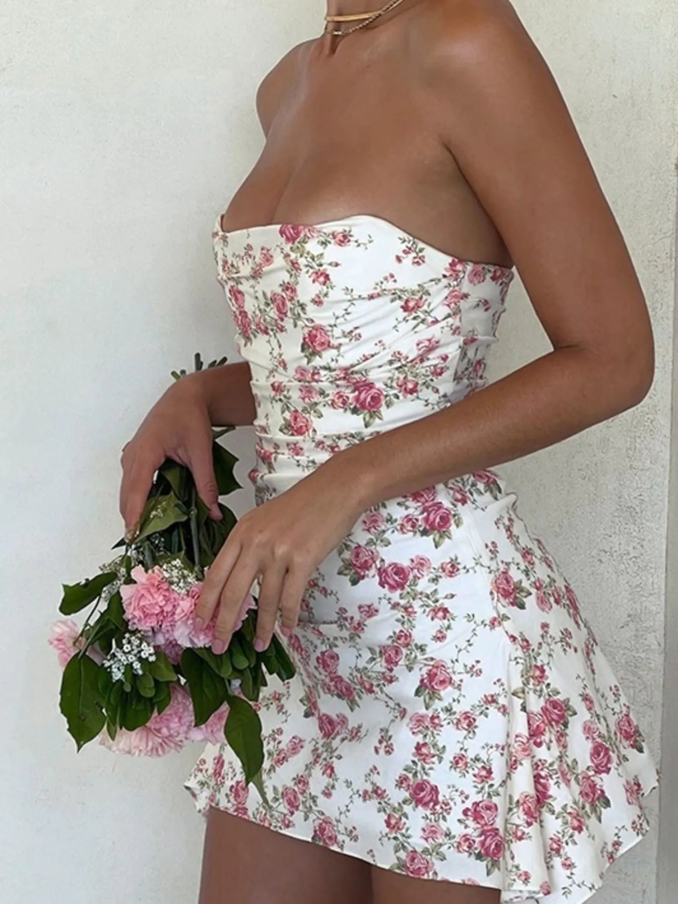 Floral Print Strapless Mini Dress OutfitFlow