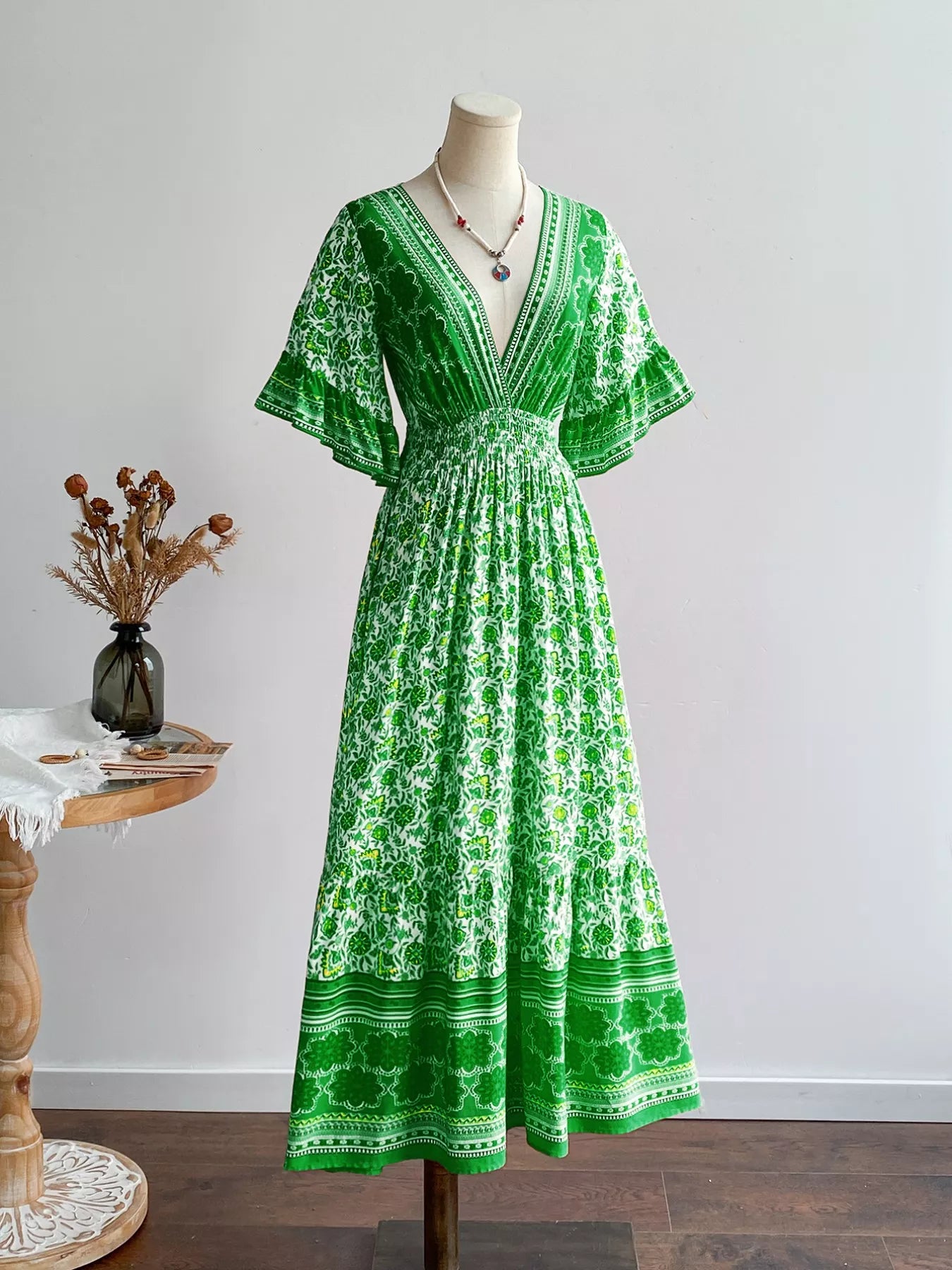 Floral Deep V-Neck Flutter Sleeves Dress OutfitFlow