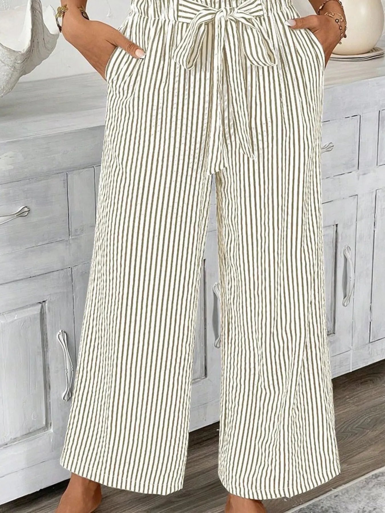 Full Size Striped Wide Leg Paper Bag Pants Plus Size Khaki OutfitFlow