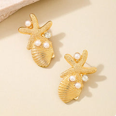 Ocean Starfish Shell Synthetic Pearl Drop Earrings OutfitFlow