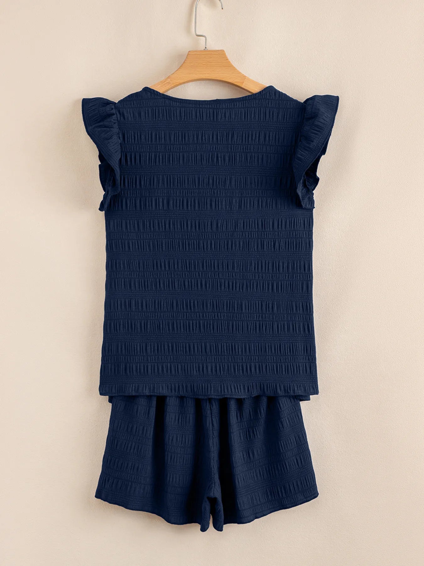 Textured Square Neck Top and Shirred High Waist Shorts Set OutfitFlow