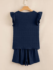 Textured Square Neck Top and Shirred High Waist Shorts Set OutfitFlow