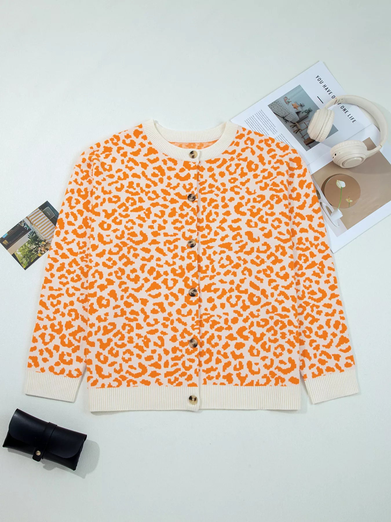 Leopard Drop Shoulder Chunky Knitted Cardigan OutfitFlow