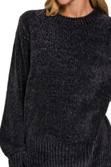 Zenana Round Neck Balloon Sleeve Chenille Sweater OutfitFlow