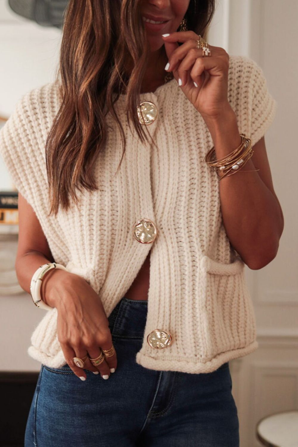 Outfit Flow - Button Down Sweater Vest with Pockets