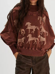 Printed Round Neck Dropped Shoulder Sweatshirt Dark Brown OutfitFlow