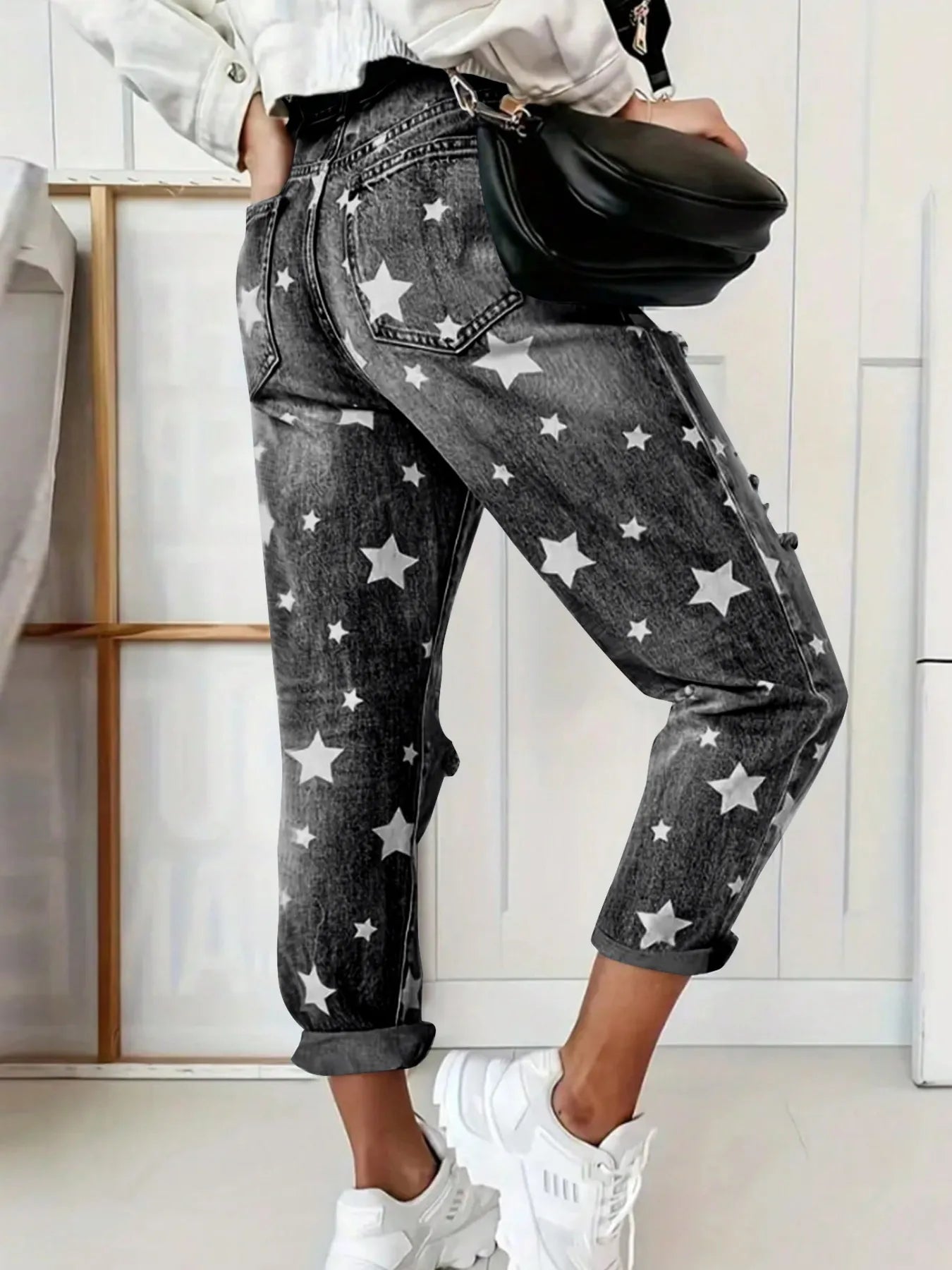 Star Print Distressed High Waist Boyfriend Jeans OutfitFlow