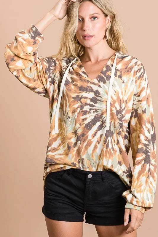 BiBi Tie Dye Terry Hoodie With Twill Tape Drawstring OutfitFlow