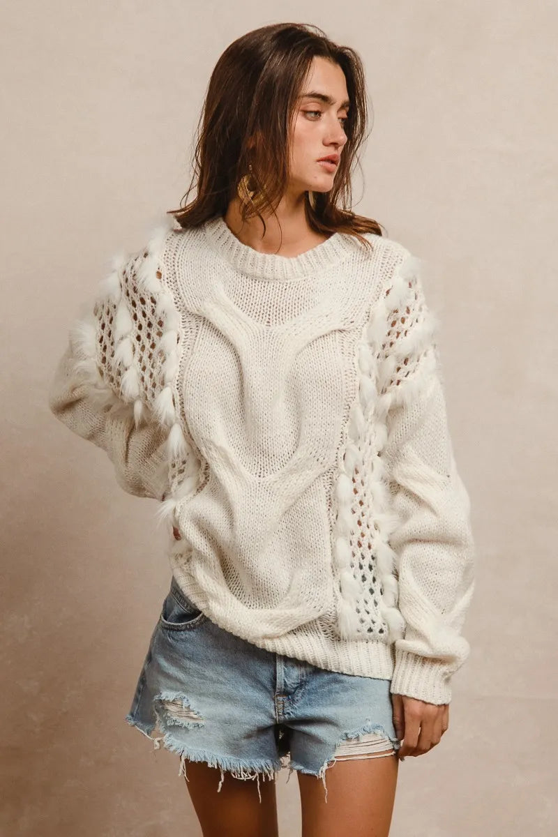 BiBi Faux Fur Detailed Pointelle Cable Knit Sweater OutfitFlow