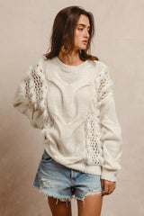 BiBi Faux Fur Detailed Pointelle Cable Knit Sweater OutfitFlow