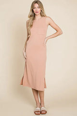 BOMBOM Ribbed Knit Sleeveless Midi Dress OutfitFlow