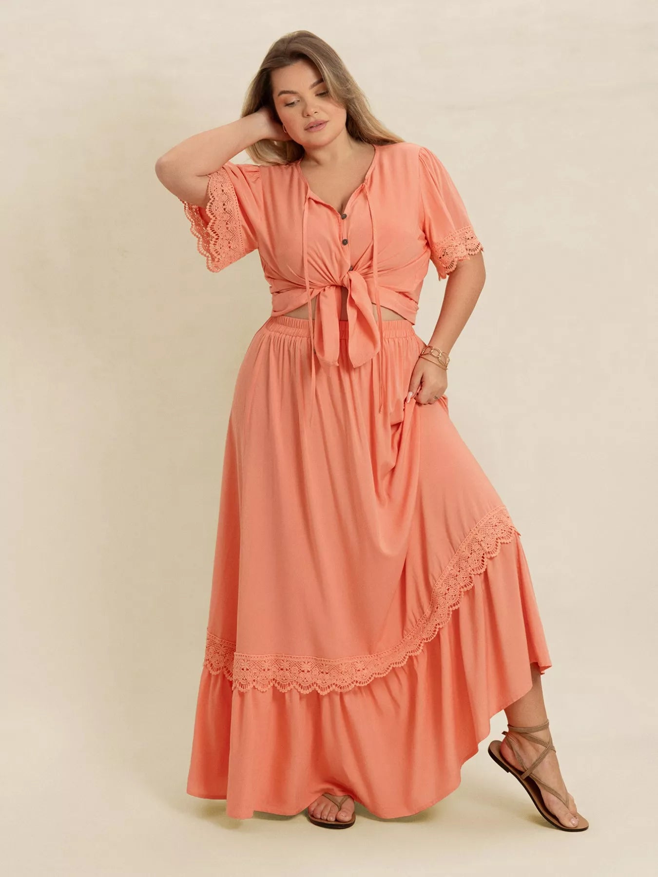 Plus Size Lace Detail Tie Neck Top and Skirt Set OutfitFlow