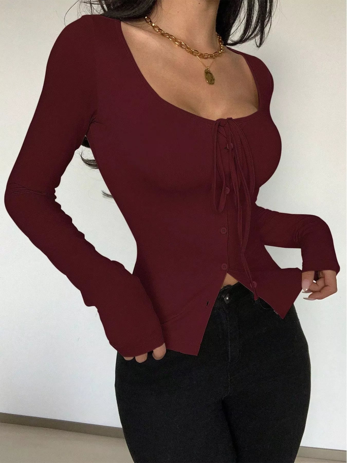 Long Sleeve Scoop Neck Tie Front T-Shirt Burgundy OutfitFlow