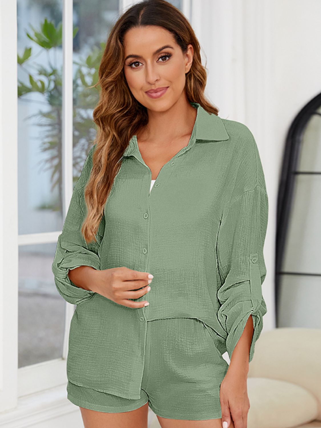 Outfit Flow - Button Up Long Sleeve Top and Shorts Set