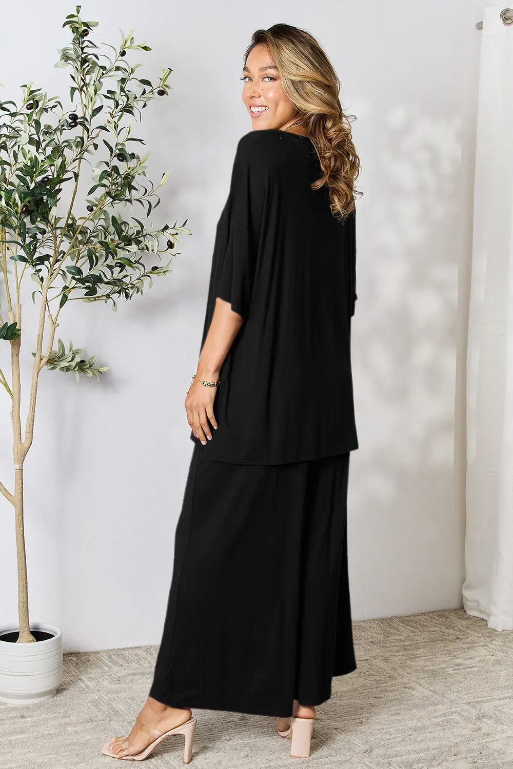 Double Take Full Size Round Neck Slit Top and Pants Set OutfitFlow